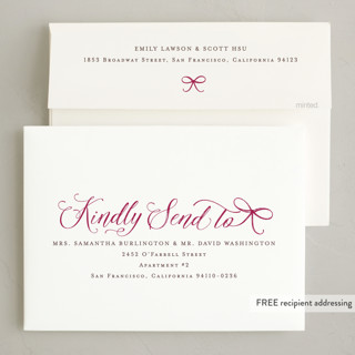 This is a wine holiday photo cards with standard by Hooray Creative called scripted red bow printing on recycled smooth signature in grand