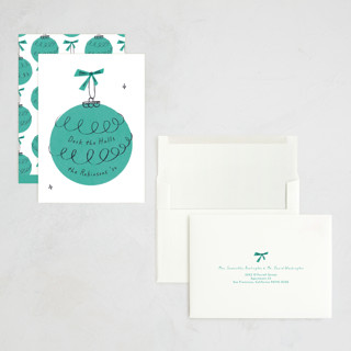 This is a pine holiday photo cards with standard by Gwen Bedat called retro ornament printing on signature in grand