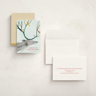 This is a arctic ice holiday photo cards with standard by Eve Schultz called reindeer cheer printing on signature in grand