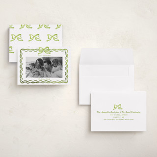 This is a sage holiday photo cards with standard by Cass Loh called watercolor ribbon frame printing on recycled smooth signature in grand