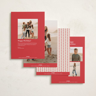This is a poinsettia holiday photo cards with standard by Julie Murray called merry trio printing on recycled smooth signature in grand
