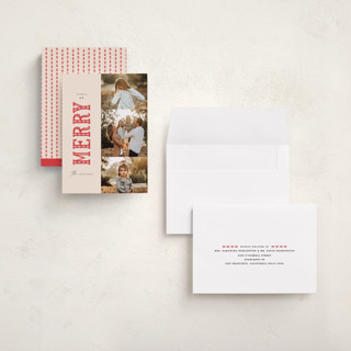 This is a poinsettia holiday photo cards with standard by Julie Murray called merry trio printing on recycled smooth signature in grand