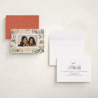 This is a eggnog holiday photo cards with standard by Becky Nimoy called snow and ivory winter scene printing on signature in grand