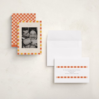 This is a tangerine holiday photo cards with standard by Jackie Crawford called fun border checkers printing on recycled smooth signature in grand