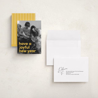 This is a goldenrod holiday photo cards with standard by Kacey Kendrick Wagner called bright message printing on recycled smooth signature in grand