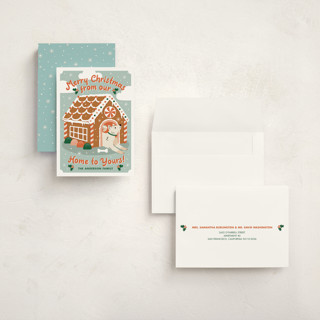 This is a cider holiday photo cards with standard by THE SOCIAL TYPE WHOLESALE called gingerbread dog house printing on signature in grand