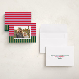 This is a candy cane holiday photo cards with standard by Shari Margolin called festive stripes printing on signature in grand