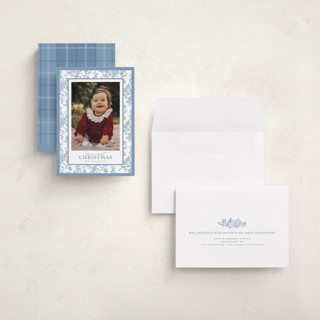 This is a powder holiday photo cards with standard by Jenna Holcomb called merry floral toile printing on recycled smooth signature in grand