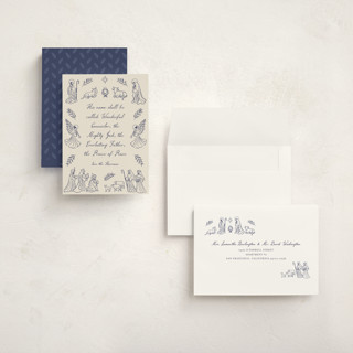 This is a indigo holiday photo cards with standard by Jamie Alexander called nativity printing on signature in grand