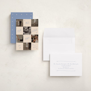 This is a periwinkle holiday photo cards with standard by Ani Somi called checkers printing on recycled smooth signature in grand