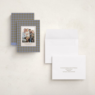 This is a blueberry holiday photo cards with standard by Beth Vassalo called cozy gingham printing on signature in grand
