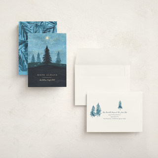 This is a blue spruce holiday photo cards with standard by Rebecca Daublin called hope shines printing on signature in grand