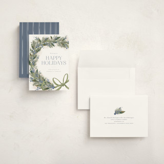 This is a juniper holiday photo cards with standard by Jackie Crawford called festive side ribbon wreath printing on signature in grand