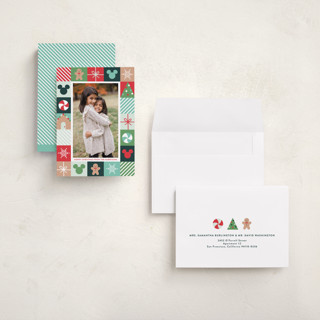 This is a teal holiday photo cards with standard by Annie Holmquist called disney's mickey mouse holiday border printing on recycled smooth signature in grand