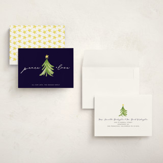 This is a navy holiday photo cards with standard by Erin Deegan called simple tree printing on signature in grand