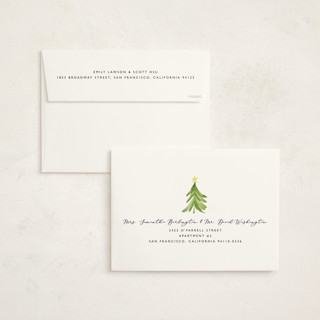 This is a navy holiday photo cards with standard by Erin Deegan called simple tree printing on signature in grand