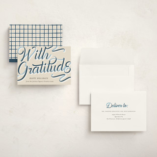 This is a navy holiday photo cards with standard by AK Graphics called ribbon greeting printing on signature in grand