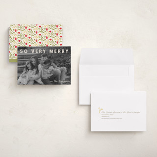 This is a cream holiday photo cards with standard by Jenny Millington called merry greeting printing on recycled smooth signature in grand