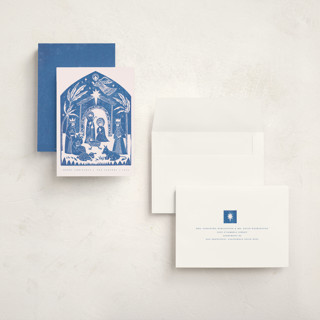 This is a sky holiday photo cards with standard by Teju Reval called linocut nativity printing on signature in grand