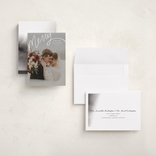 This is a wedding cake holiday photo cards with standard by Becky Nimoy called merry hand lettered script printing on recycled smooth signature in grand