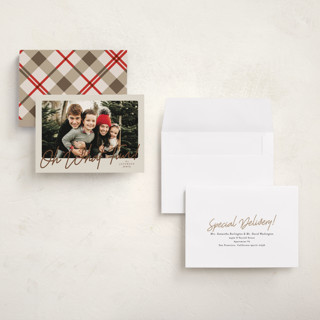 This is a linen holiday photo cards with standard by Karidy Walker called oh what fun script printing on recycled smooth signature in grand