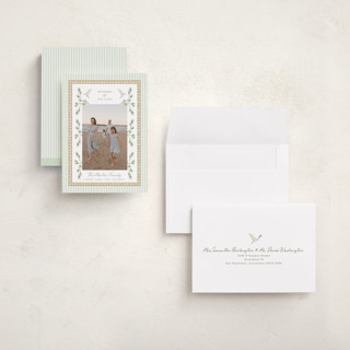 This is a pine holiday photo cards with standard by Bayberry Kate called woven pine printing on signature in grand