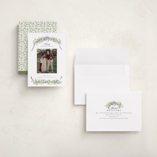 This is a blue spruce holiday photo cards with standard by Everett Paper Goods called boughs of pine printing on recycled smooth signature in grand