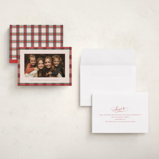 This is a holly berry holiday photo cards with standard by Olivia Kanaley Inman called taffeta tartan printing on signature in grand