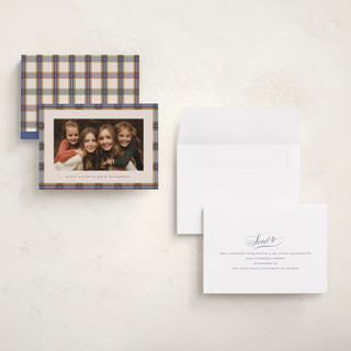 This is a cornflower holiday photo cards with standard by Olivia Kanaley Inman called taffeta tartan printing on recycled smooth signature in grand