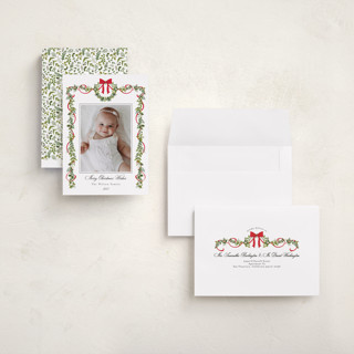 This is a candy cane holiday photo cards with standard by Susan Moyal called bows & ribbon printing on signature in grand