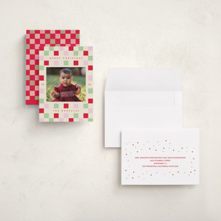 This is a cranberry holiday photo cards with standard by Katie Zimpel called happy checkers printing on signature in grand