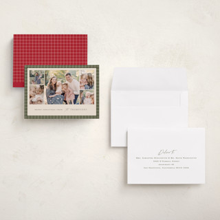 This is a pine holiday photo cards with standard by Amy Kross called checked edge printing on signature in grand