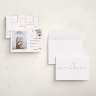 This is a cinnamon holiday photo cards with standard by Gwen Bedat called return address printing on recycled smooth signature in grand