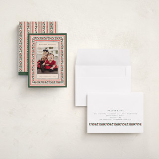 This is a caramel holiday photo cards with standard by Teju Reval called festive block print printing on signature in grand