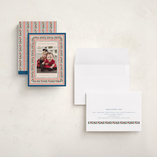 This is a blue jay holiday photo cards with standard by Teju Reval called festive block print printing on recycled smooth signature in grand