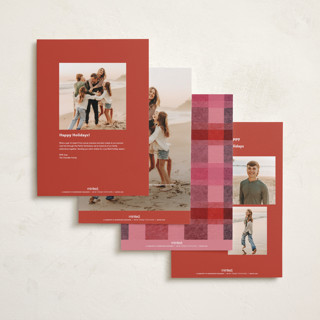 This is a cranberry holiday photo cards with standard by Carrie Moradi called cozy checked plaid printing on recycled smooth signature in grand