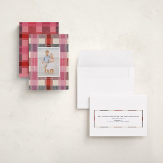 This is a cranberry holiday photo cards with standard by Carrie Moradi called cozy checked plaid printing on recycled smooth signature in grand