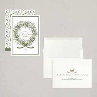 This is a pine holiday photo cards with standard by Susan Moyal called christmas bow printing on signature in grand