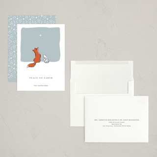 This is a frost holiday photo cards with standard by Diane Pearse called peace on earth fox and rabbit printing on signature in grand