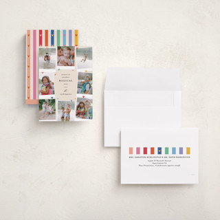 This is a rainbow holiday photo cards with standard by Creo Study called disney's mickey magical and cheerful printing on signature in grand