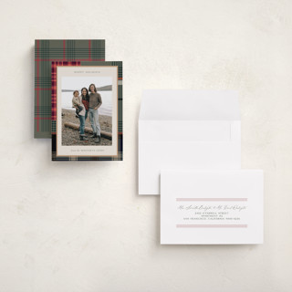 This is a rustic holiday photo cards with standard by Makewells called antiqued plaid printing on recycled smooth signature in grand