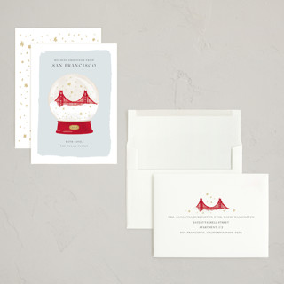 This is a winter holiday photo cards with standard by Laura Bercovich called golden gate globe printing on signature in grand