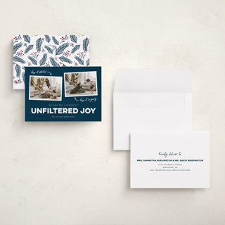 This is a navy holiday photo cards with standard by Erica Krystek called unfiltered joy printing on recycled smooth signature in grand
