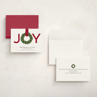 This is a cranberry holiday photo cards with standard by Sarah Brown called joy wreath printing on signature in grand