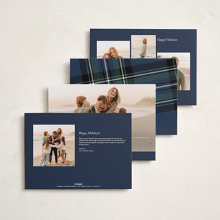 This is a navy holiday photo cards with standard by Cindy Reynolds called yule plaid printing on recycled smooth signature in grand