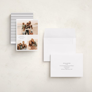 This is a snowflake holiday photo cards with standard by Angela Thompson called happy trio printing on recycled smooth signature in grand