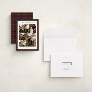 This is a burgundy holiday photo cards with standard by Stacey Meacham called plaid collage printing on recycled smooth signature in grand