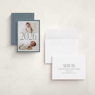 This is a denim holiday photo cards with standard by Brianne Larsen called bordered year printing on signature in grand