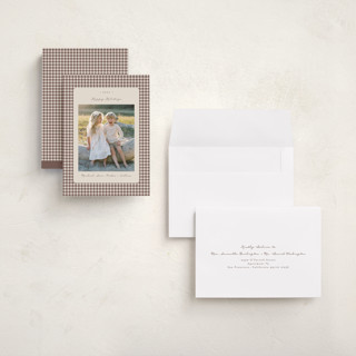 This is a gingerbread latte holiday photo cards with standard by Emily Betts called gingham vintage printing on recycled smooth signature in grand