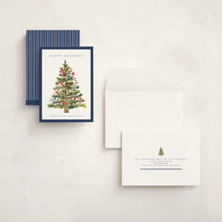 This is a navy holiday photo cards with standard by Nicole Walsh called watercolor tree printing on signature in grand